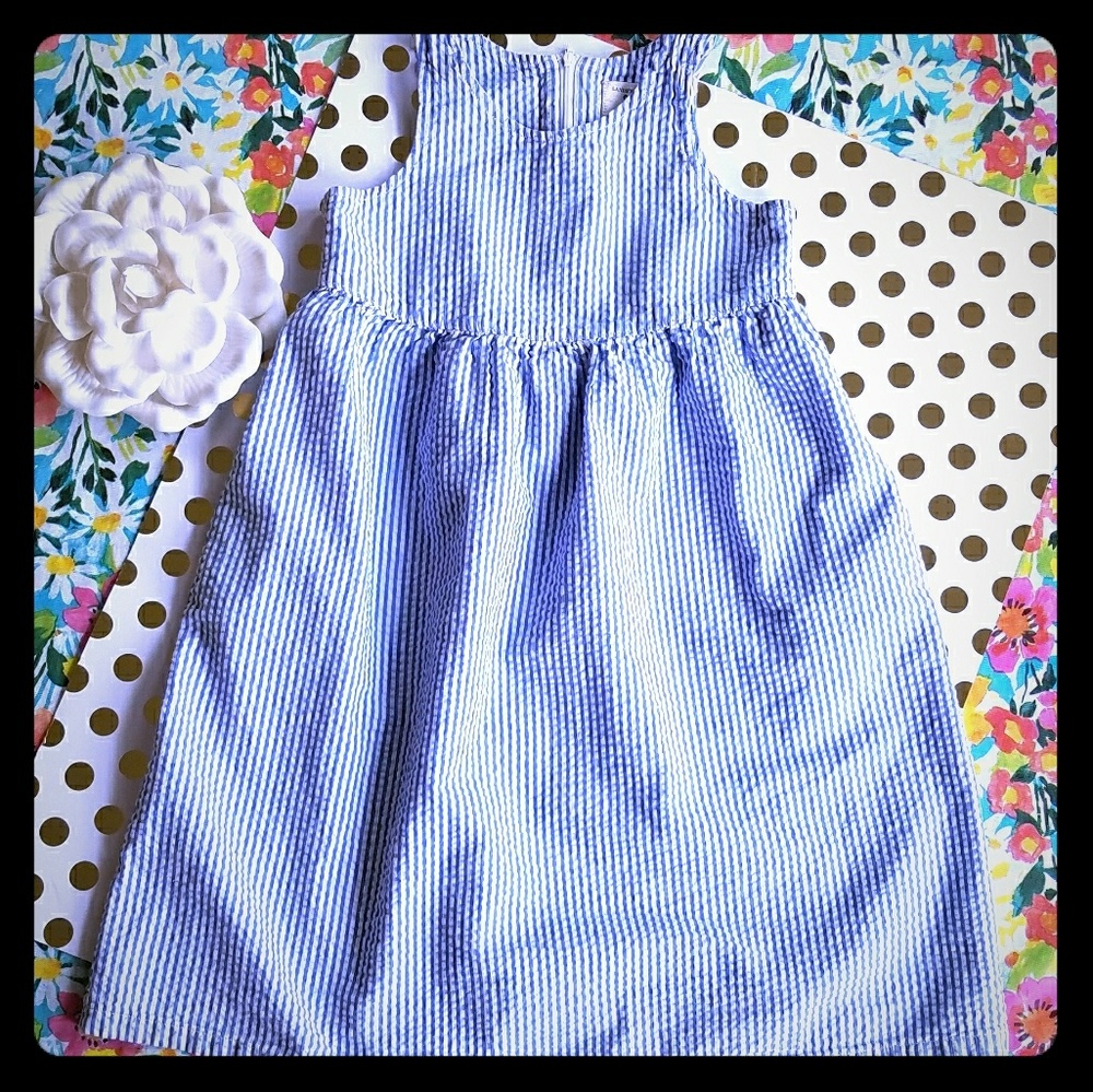 Lands End Blue Seersucker striped dress size 8